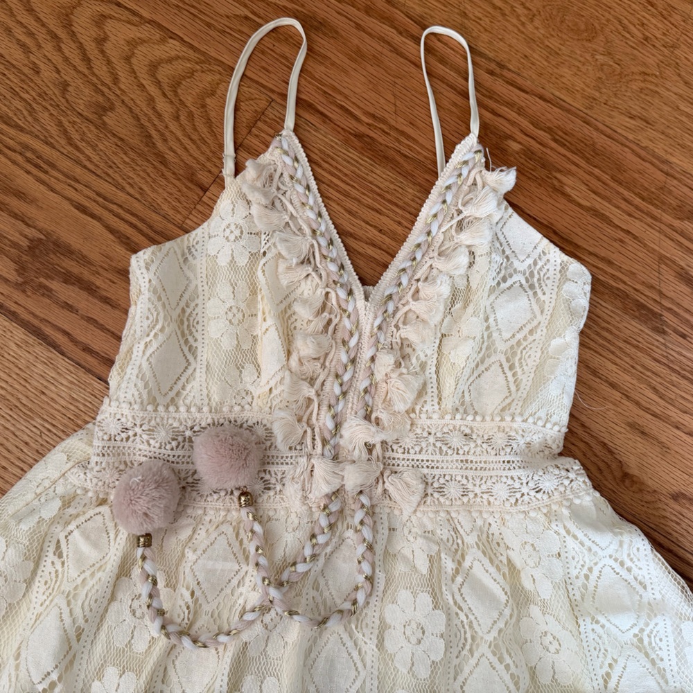 NWT Boho Dress with Pom Poms and gold accents, Cream Lace Sleeveless Dress